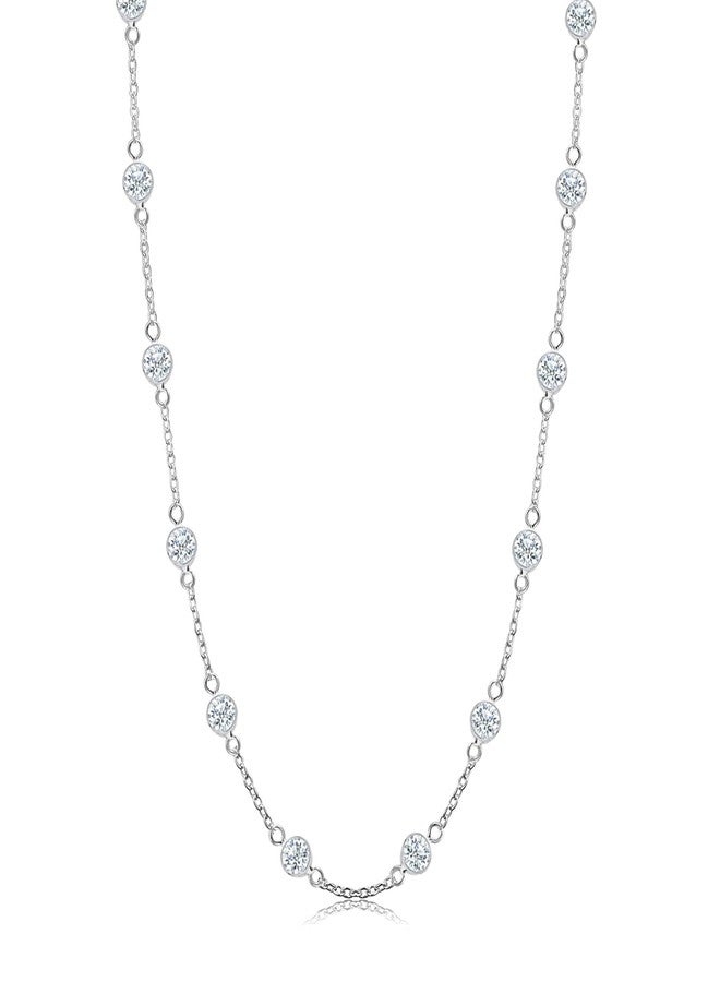 LeCalla 925 Sterling Silver Jewelry Italian Design Round Cubic Zirconia CZ Station Necklace Cable Chain Statement Necklace for Women 24 Inches - Image 1