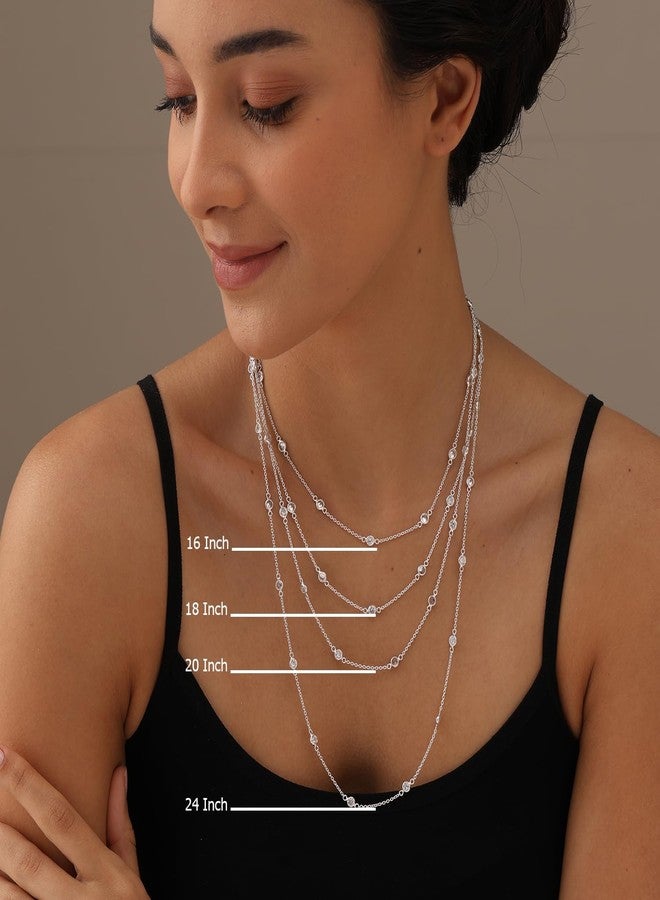 LeCalla 925 Sterling Silver Jewelry Italian Design Round Cubic Zirconia CZ Station Necklace Cable Chain Statement Necklace for Women 24 Inches - Image 3