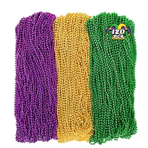 Huskein 120PCS Mardi Gras Beads 33 Beaded Necklace Purple Gold Green Mardi Gras Accessories Party Costume Necklaces Parade Throws Women Men Beads Bulk for Party Event Favors Supplies Decorations - Image 1
