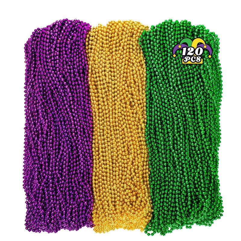 Huskein 120PCS Mardi Gras Beads 33 Beaded Necklace Purple Gold Green Mardi Gras Accessories Party Costume Necklaces Parade Throws Women Men Beads Bulk for Party Event Favors Supplies Decorations - Image 2