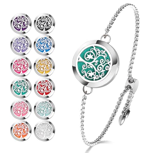 ttstar Essential Oil Diffuser Bracelet Stainless Steel Aromatherapy Locket Adjustable Diffuser Bracelet with 24pcs Refill Pads in 12 Assorted Colors Gift Set for Women(Tree of Hope) - Image 1