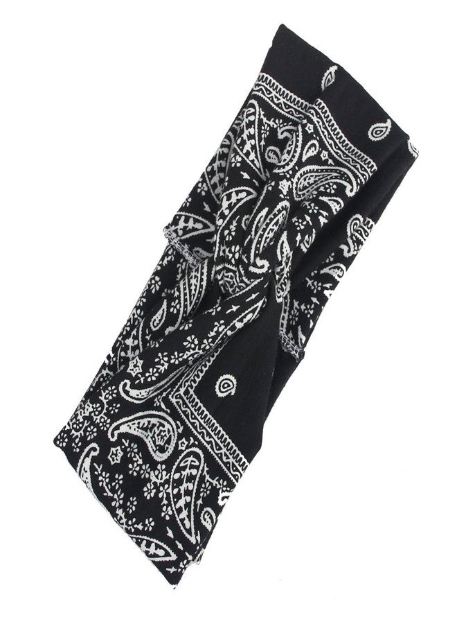 DINPREY Assorted Paisley Print Wide Bandana Knot Headbands Criss Cross Head Wrap Hair Band (Black) - Image 2