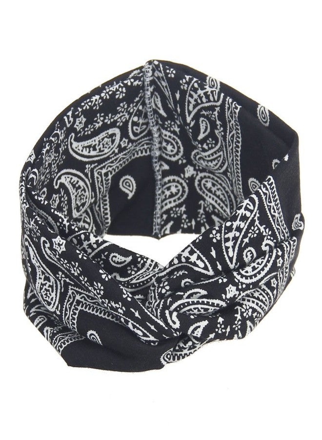 DINPREY Assorted Paisley Print Wide Bandana Knot Headbands Criss Cross Head Wrap Hair Band (Black) - Image 1