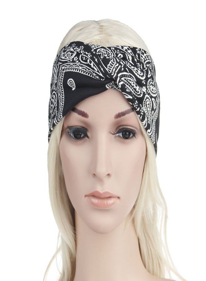 DINPREY Assorted Paisley Print Wide Bandana Knot Headbands Criss Cross Head Wrap Hair Band (Black) - Image 5