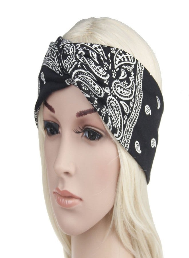 DINPREY Assorted Paisley Print Wide Bandana Knot Headbands Criss Cross Head Wrap Hair Band (Black) - Image 4