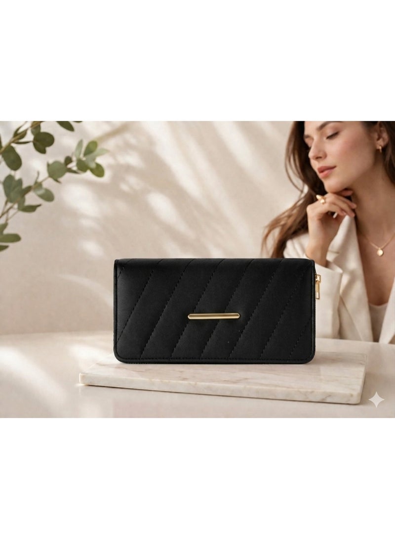 KANAZ Women Long Wallet Clutch – Elegant Quilted Leather Wallet with Zipper Pocket & Card Slots, Stylish Ladies Purse for Cash, Cards & Phone – WA - Image 3