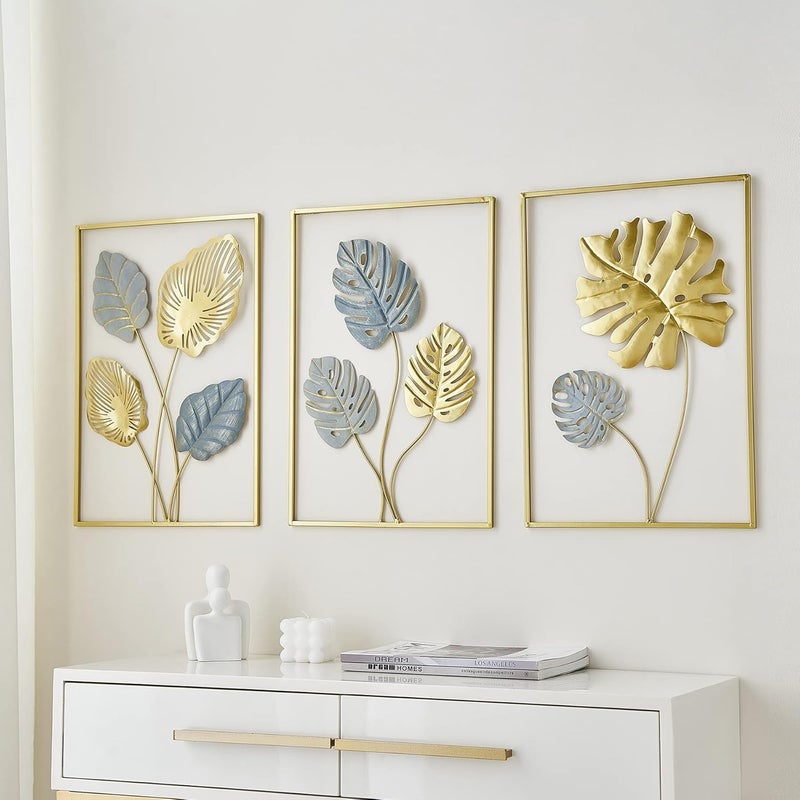 FUNTEREST Gold Metal Wall Art Decor Monstera Leaves Wall Home Decor Set of 3, Modern Wall Hanging Decorations for Living Room, Bedroom, Bathroom, Office Decor - Image 1