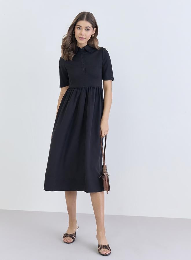 Styli Women Black Short Sleeves A-Line Midi Dress - Image 1