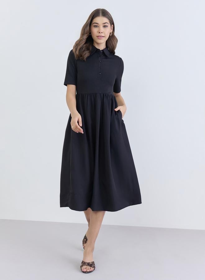 Styli Women Black Short Sleeves A-Line Midi Dress - Image 2