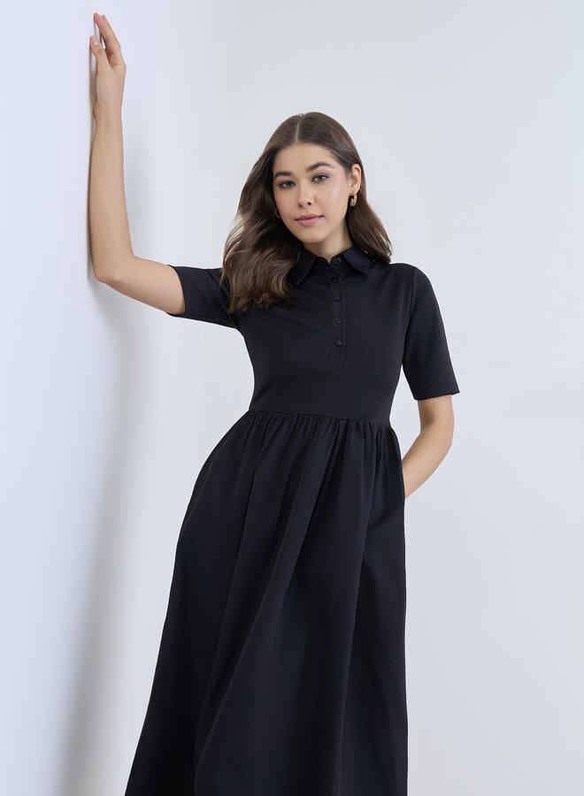 Styli Women Black Short Sleeves A-Line Midi Dress - Image 4