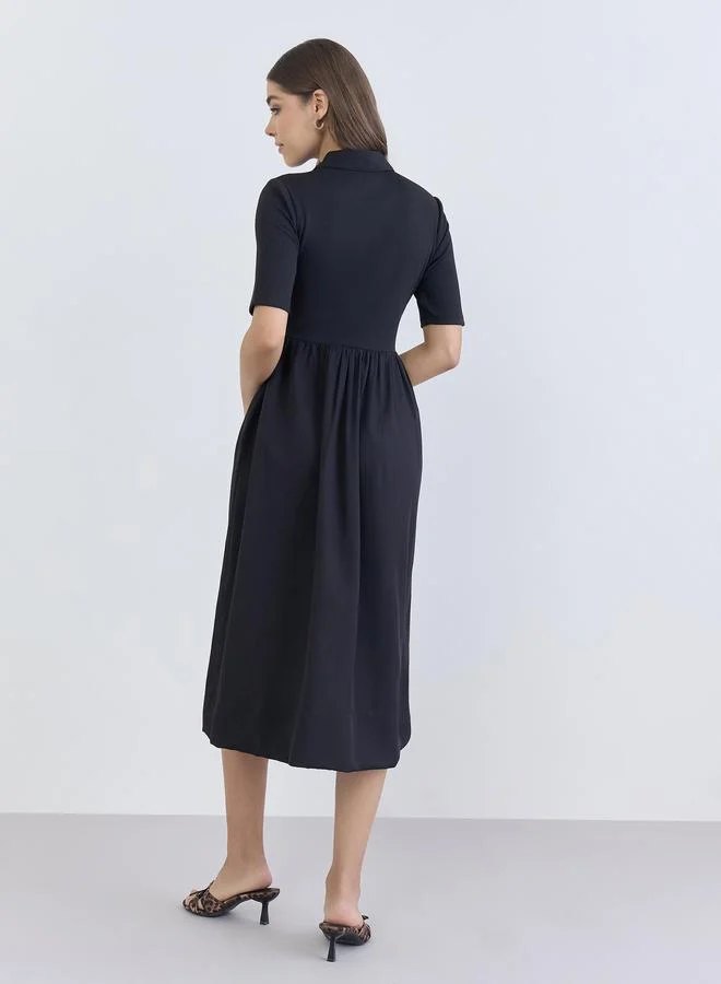 Styli  Women Black Short Sleeves A-Line Midi Dress for Women | Best Price UAE
