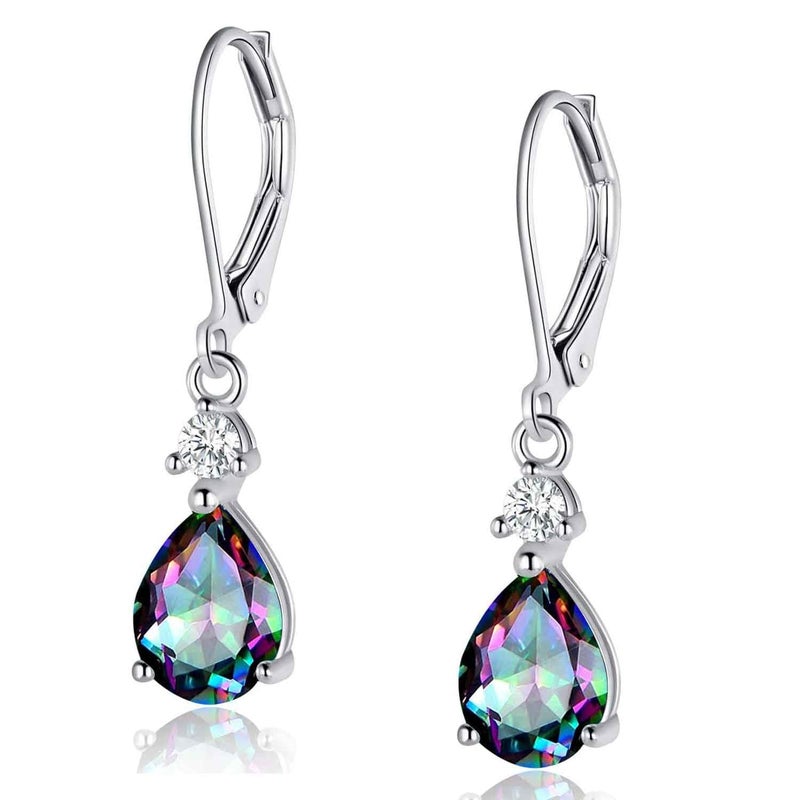 VOLUKA Teardrop Leverback Earrings for Women|925 Sterling Silver 7 * 9mm Pear Shaped Rainbow CZ Dangle Earrings|Elegant Wedding Hypoallergenic Jewelry Gifts - Image 1