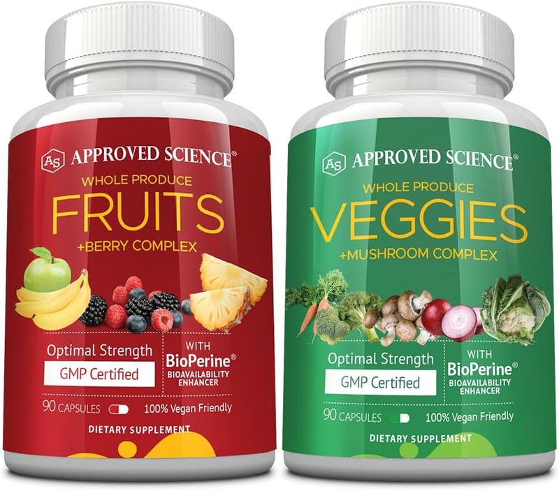 Approved Science Fruits  Veggies  42 Whole Fruit and Veggie Supplement  Enhanced Health  Vitality  Daily Natural Vitamins Minerals Antioxidants  90 Capsules Each  1Month Supply - Image 1