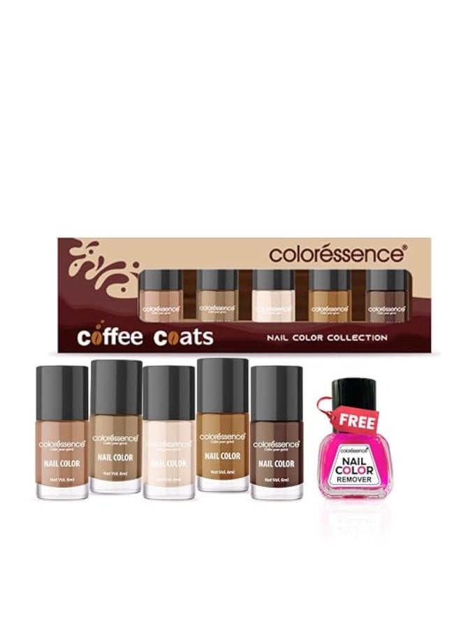 Coloressence Coffee Coats Nude Nail Paint Kit, Set of 5 with FREE Nail Polish Remover | Glossy Finish | Quick Dry | Chip Resistant - Image 1