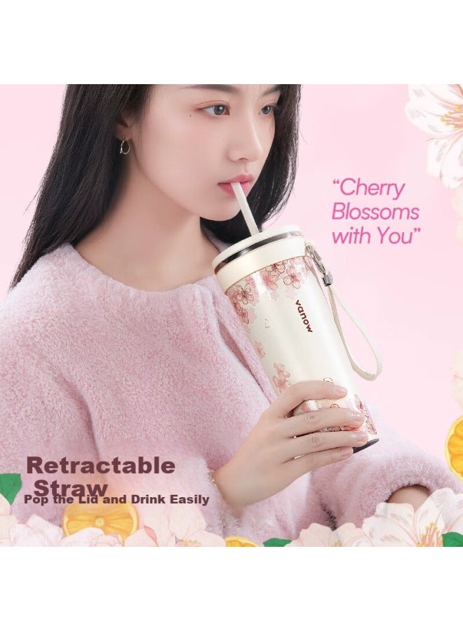 Vanow Cherry Red Snow Insulated Cup Women Large Capacity Car Ceramic Inner Coffee Travel Ice Water Cup - Image 3