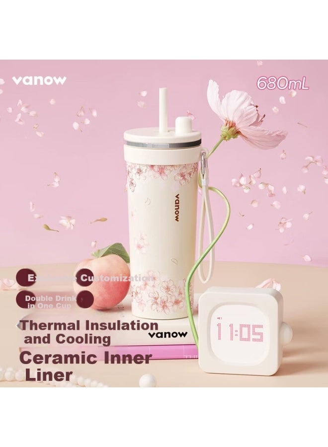 Vanow Cherry Red Snow Insulated Cup Women Large Capacity Car Ceramic Inner Coffee Travel Ice Water Cup - Image 1