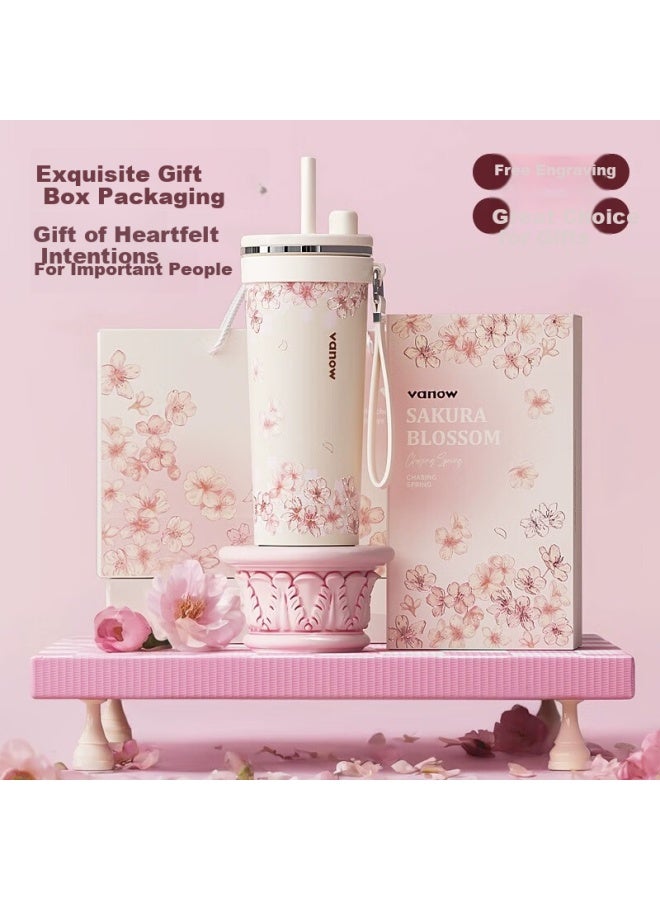 Vanow Cherry Red Snow Insulated Cup Women Large Capacity Car Ceramic Inner Coffee Travel Ice Water Cup - Image 4