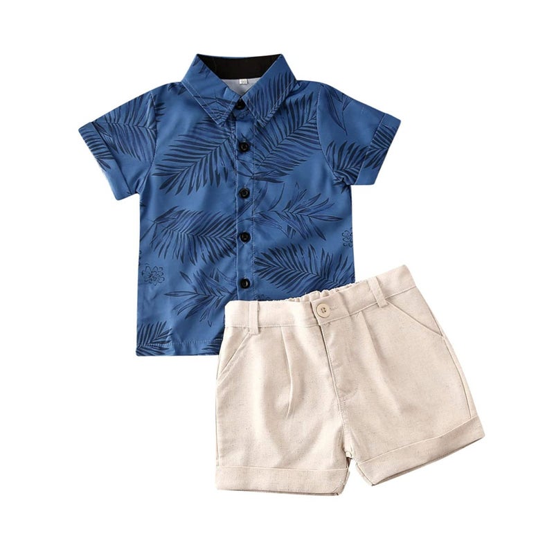 fhutpw Baby Toddler Boy Outfits 2T 3T 4T 5T Clothes Summer Kids Pattern Short Sleeve Button Down Shirt & Shorts Set - Image 1