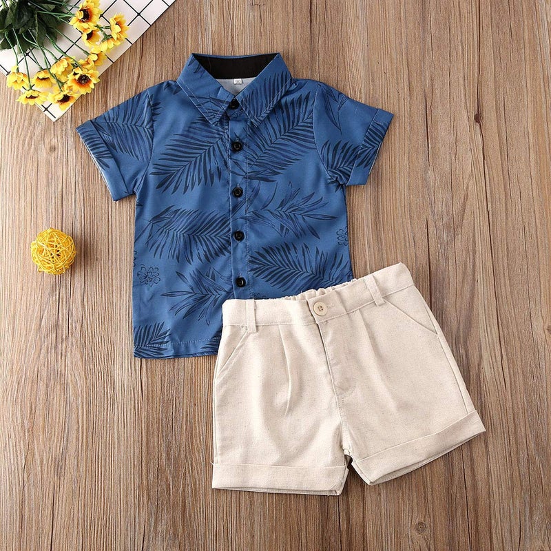 fhutpw Baby Toddler Boy Outfits 2T 3T 4T 5T Clothes Summer Kids Pattern Short Sleeve Button Down Shirt & Shorts Set - Image 2