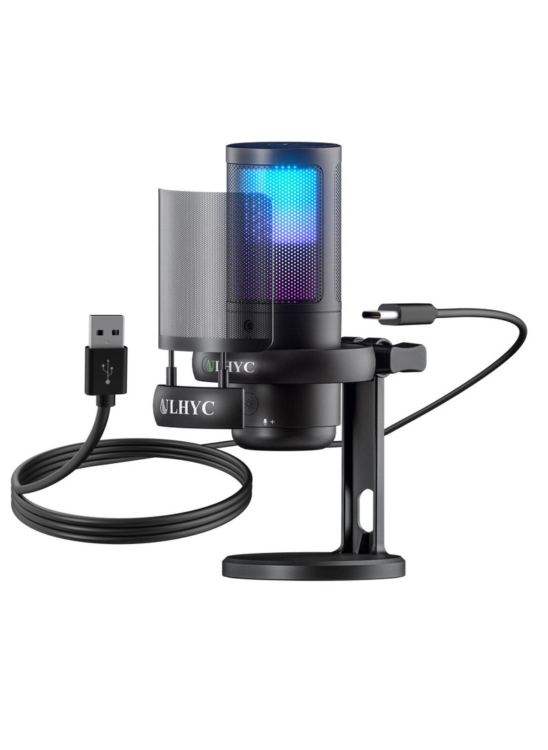 يو إل اتش واي سي ميكروفون ألعاب بإضاءة RGB، وميكروفون بودكاست بمكثف USB، ومستشعر النقر لكتم الصوت، وفلتر البوب، وكمبيوتر USB، وميكروفون سطح مكتب كمبيوتر Mac/PS4/PS5 للألعاب والبث والتسجيل  - Image 1