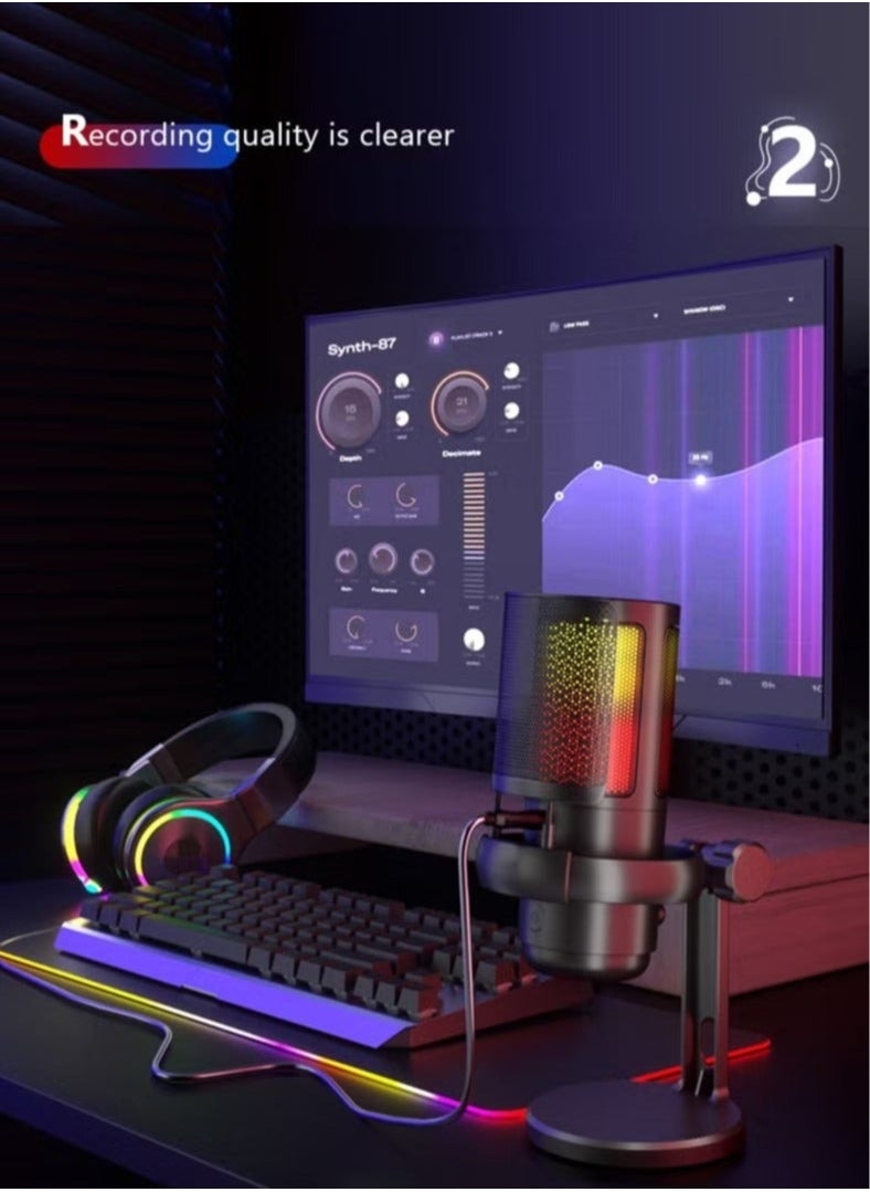 يو إل اتش واي سي ميكروفون ألعاب بإضاءة RGB، وميكروفون بودكاست بمكثف USB، ومستشعر النقر لكتم الصوت، وفلتر البوب، وكمبيوتر USB، وميكروفون سطح مكتب كمبيوتر Mac/PS4/PS5 للألعاب والبث والتسجيل  - Image 3