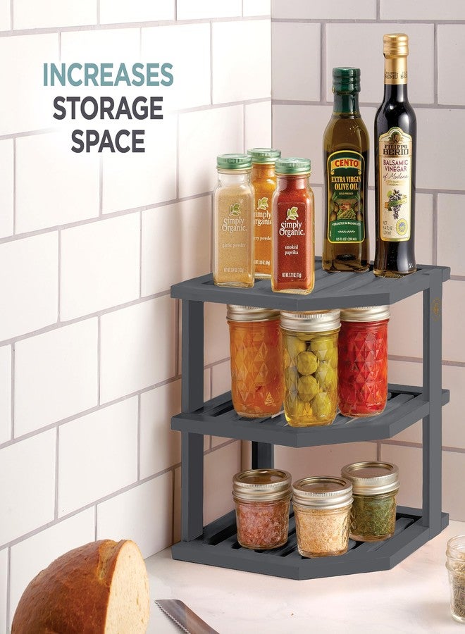 بامبوسي رف منظم للخزائن - رف زاوية من الخيزران لسطح المطبخ، موفر للمساحة في الخزائن للأطباق، والصحون، والأوعية، وخزانة الخبز، وتخزين الحمام أو كحامل على سطح الطاولة، رمادي - Image 3