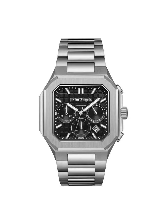 Palm Angels Forte Black Dial Silver Stainless Steel Bracelet Dual Time Watch for Men, 43mm