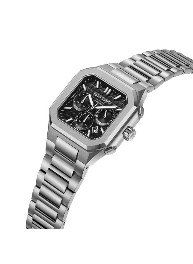 Palm Angels Forte Black Dial Silver Stainless Steel Bracelet Dual Time Watch for Men, 43mm