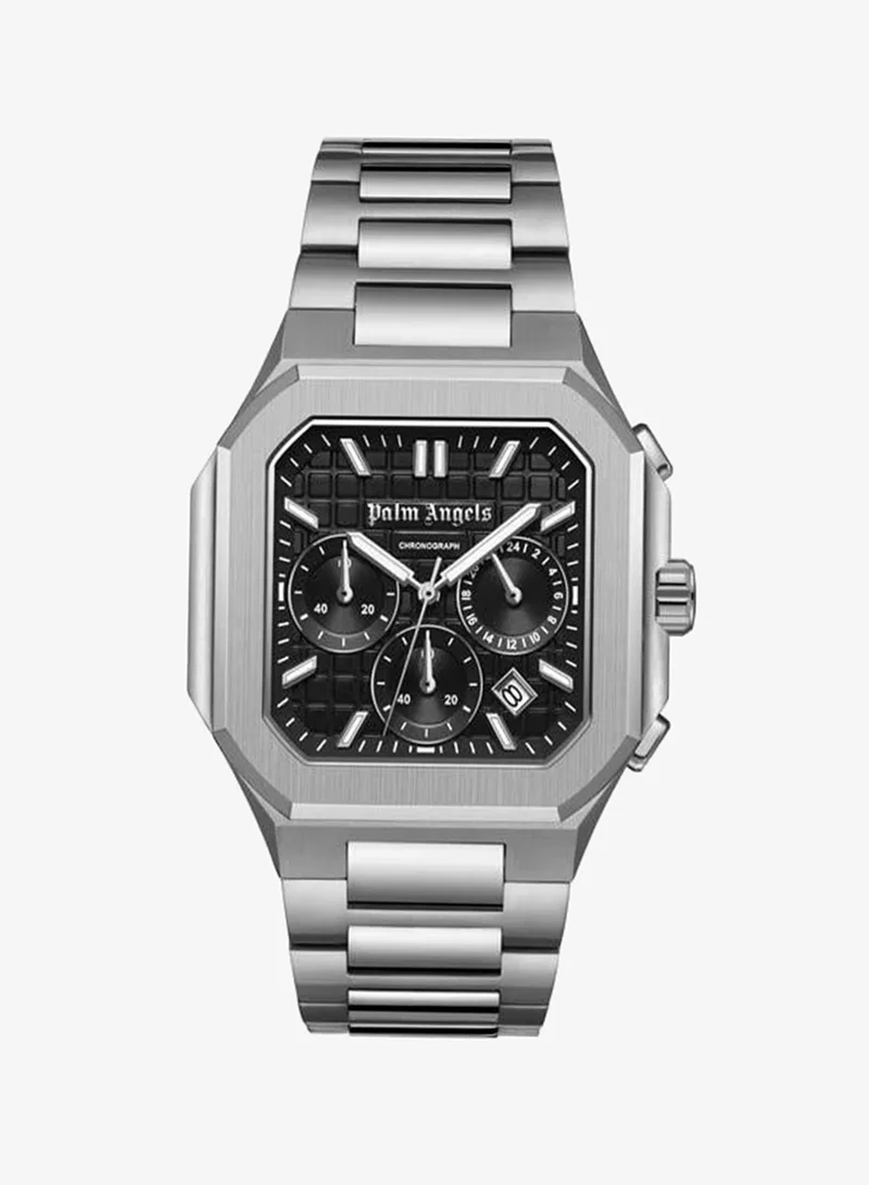 Palm Angels Forte Black Dial Silver Stainless Steel Bracelet Dual Time Watch for Men, 43mm