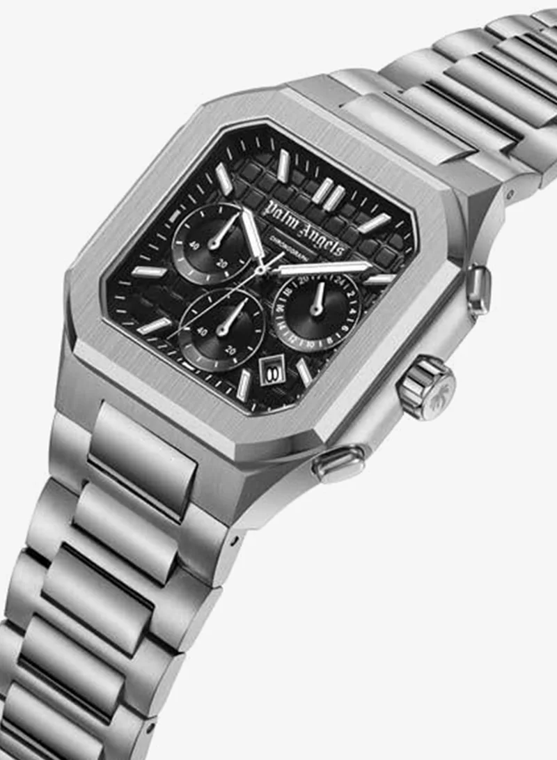 Palm Angels Forte Black Dial Silver Stainless Steel Bracelet Dual Time Watch for Men, 43mm