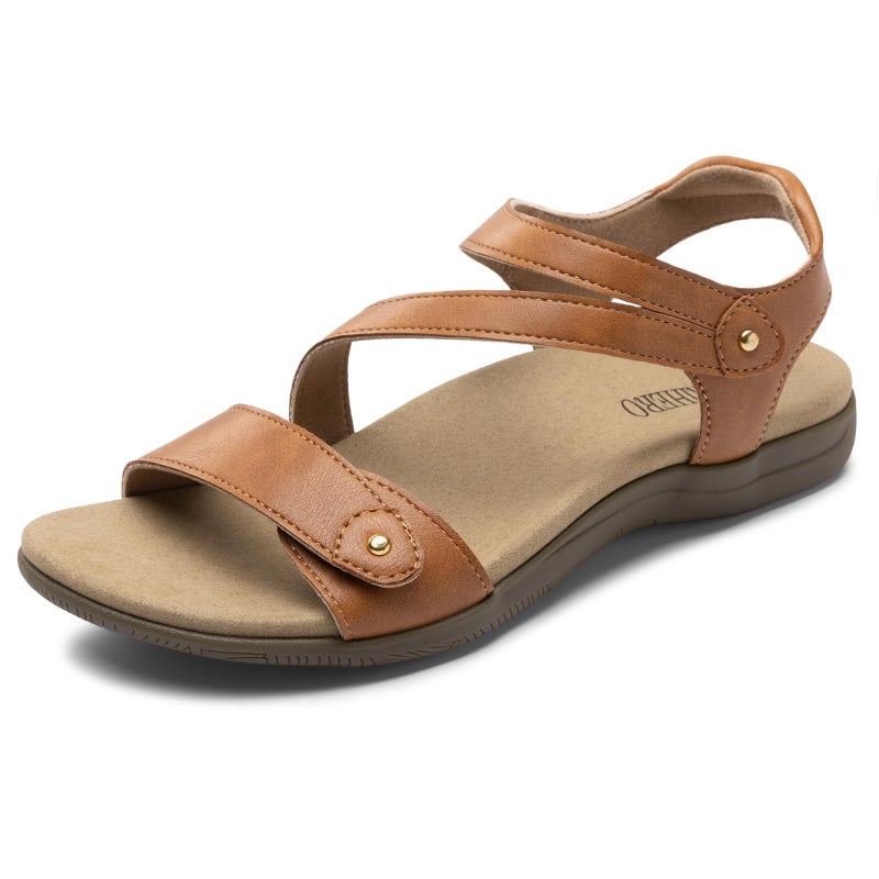 Rihero Orthopedic Sandals for Women Arch Support Comfortable Flat Sandals with Adjustable Strap for Summer Beach Walking Brown 7.5 - Image 1