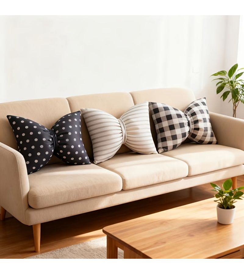 Contemporary Bowknot Bow Adorned Pillow Polka Dots Accent Suitable For Bed Sofa Car Machine Washable Fill Durable Stitched Cover Year Round Neutral Decoration - Image 1