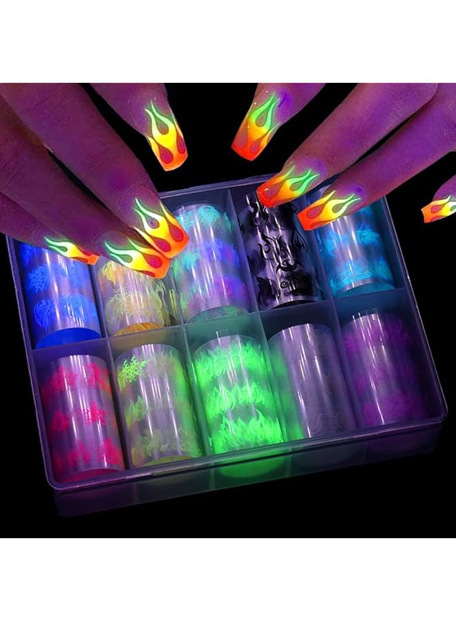 Excefore Luminous Fire Flame Nail Transfer Stickers Fluorescent Nail Art Sticker Nail Decals For Nail Foil Decoration Accessories 10 Rolls - Image 1