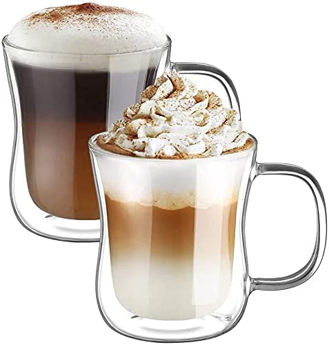 ecooe 12 oz Double Walled Glass Coffee Mug Latte Cappuccino Cups Set of 2 Clear Glass Coffee Cups with Handle Insulated Coffee Cup Borosilicate Heat Resistant Double Wall Glass Coffee Mug Tea Cups