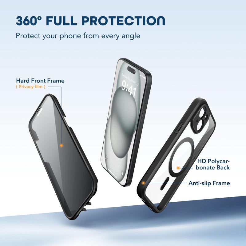 TIESZEN for iPhone 15 Case, Compatible with MagSafe, Built-in Privacy Screen Protector and Camera Protection, Anti Spy Full Body Dustproof Shockproof Hard Phone Case 6.1", Black - Image 3