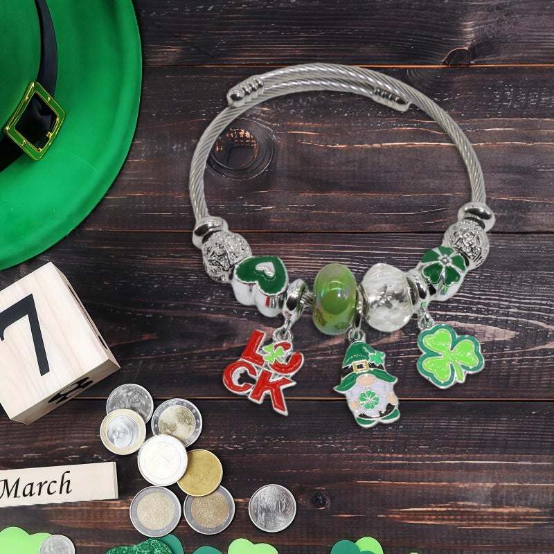 QMWKVNC St. Patrick's Day Charm Bracelets for Womens,Exquisite Cute Cartoon Friendship Silver Bracelets Stainless Steel Bangle, Womens Jewelry Suitable for Holiday Gifts and Birthday Gifts - Image 4