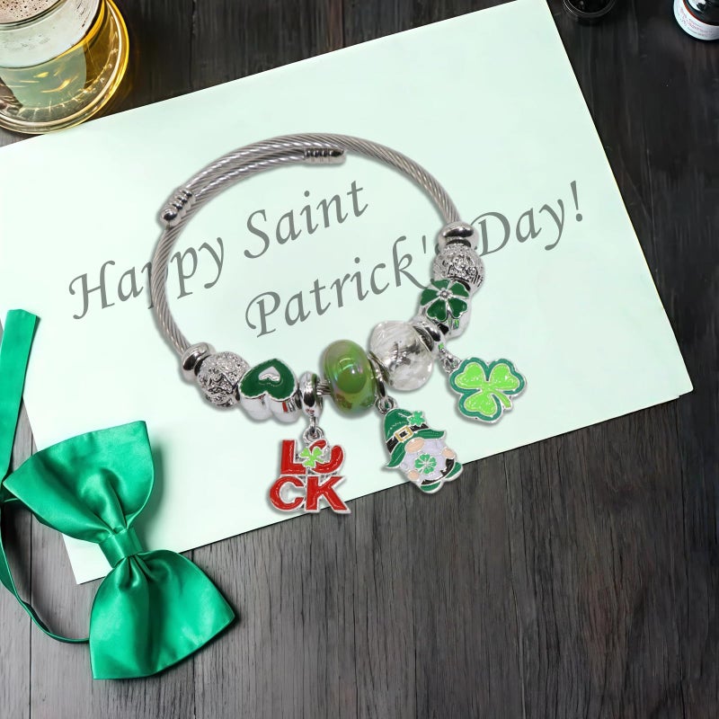 QMWKVNC St. Patrick's Day Charm Bracelets for Womens,Exquisite Cute Cartoon Friendship Silver Bracelets Stainless Steel Bangle, Womens Jewelry Suitable for Holiday Gifts and Birthday Gifts - Image 3