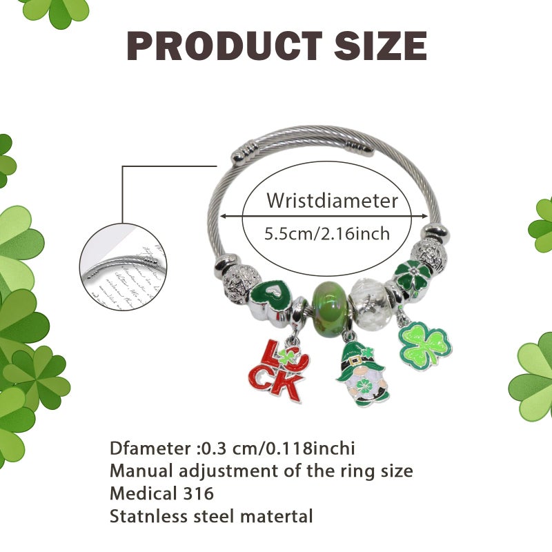 QMWKVNC St. Patrick's Day Charm Bracelets for Womens,Exquisite Cute Cartoon Friendship Silver Bracelets Stainless Steel Bangle, Womens Jewelry Suitable for Holiday Gifts and Birthday Gifts - Image 2