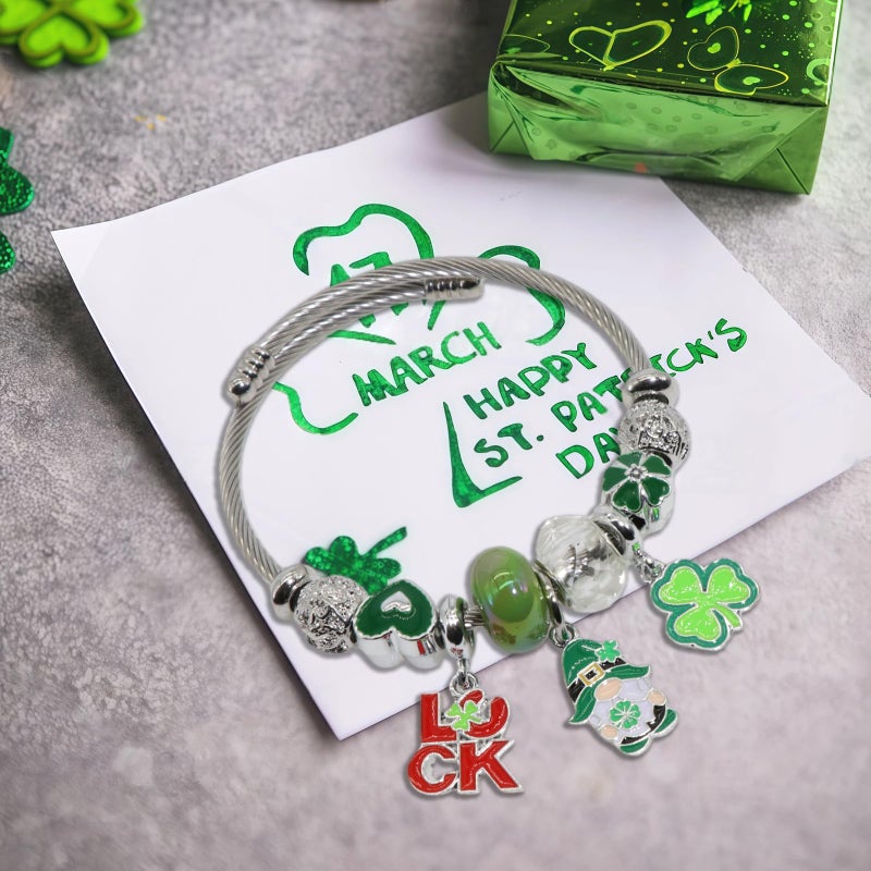 QMWKVNC St. Patrick's Day Charm Bracelets for Womens,Exquisite Cute Cartoon Friendship Silver Bracelets Stainless Steel Bangle, Womens Jewelry Suitable for Holiday Gifts and Birthday Gifts - Image 5