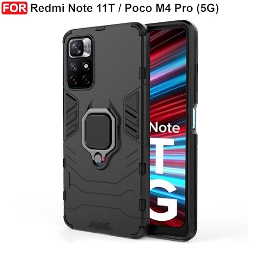 CEDO Kickstand Cover for Redmi Note 11T (5G) / Poco M4 Pro (5G) Rugged Case | Built-in Stand Rotating Ring Holder | Military Grade Armor Bumper Back Cover (Black) - Image 2