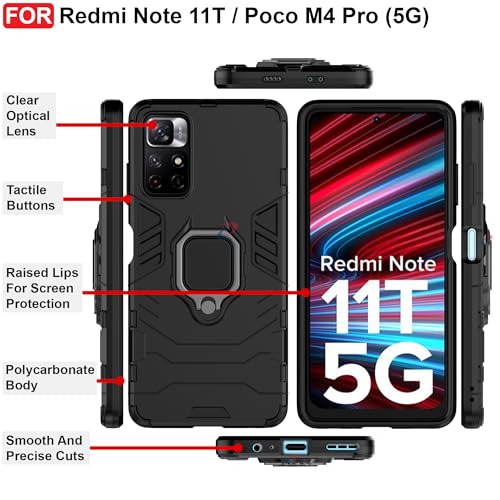 CEDO Kickstand Cover for Redmi Note 11T (5G) / Poco M4 Pro (5G) Rugged Case | Built-in Stand Rotating Ring Holder | Military Grade Armor Bumper Back Cover (Black) - Image 3