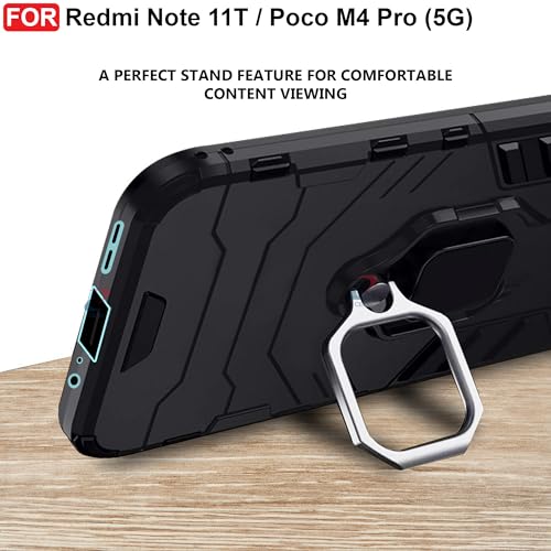 CEDO Kickstand Cover for Redmi Note 11T (5G) / Poco M4 Pro (5G) Rugged Case | Built-in Stand Rotating Ring Holder | Military Grade Armor Bumper Back Cover (Black) - Image 5