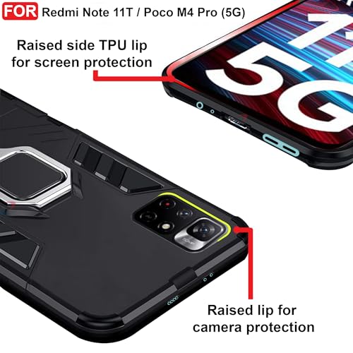 CEDO Kickstand Cover for Redmi Note 11T (5G) / Poco M4 Pro (5G) Rugged Case | Built-in Stand Rotating Ring Holder | Military Grade Armor Bumper Back Cover (Black) - Image 4