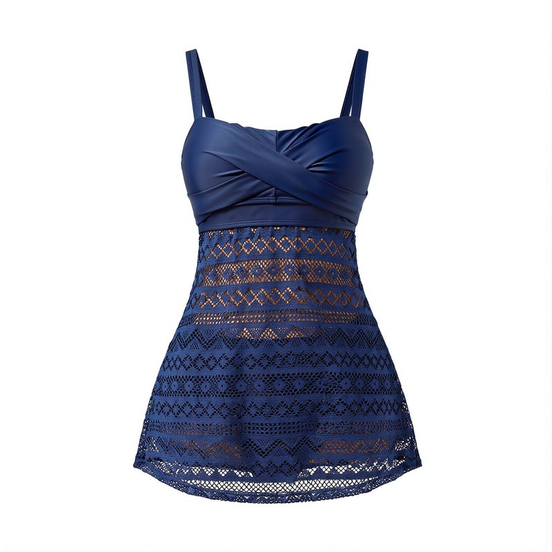 Womens Tankini Swim Dress Vacation Beach Swimwear Tummy Control Navy M - Image 2