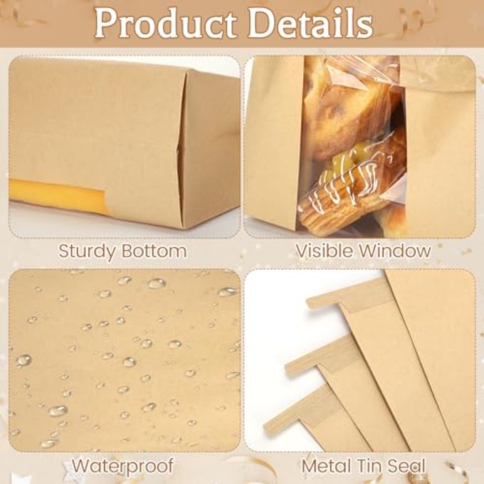 WSICSE 130 Pack Homemade Bread Sourdough Bags, 14" x 8.3" x 3.5" Large Paper Bread Bag with Tin Tie Tab Lock Clear Front Window Stickers for Bakery Storage Mothers Day Gifts - Image 3