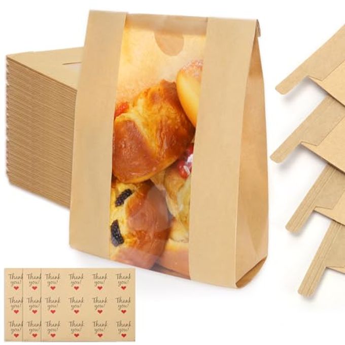 WSICSE 130 Pack Homemade Bread Sourdough Bags, 14" x 8.3" x 3.5" Large Paper Bread Bag with Tin Tie Tab Lock Clear Front Window Stickers for Bakery Storage Mothers Day Gifts - Image 1