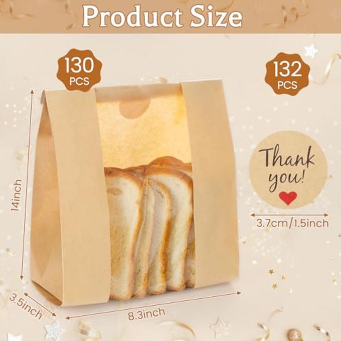 WSICSE 130 Pack Homemade Bread Sourdough Bags, 14" x 8.3" x 3.5" Large Paper Bread Bag with Tin Tie Tab Lock Clear Front Window Stickers for Bakery Storage Mothers Day Gifts - Image 2
