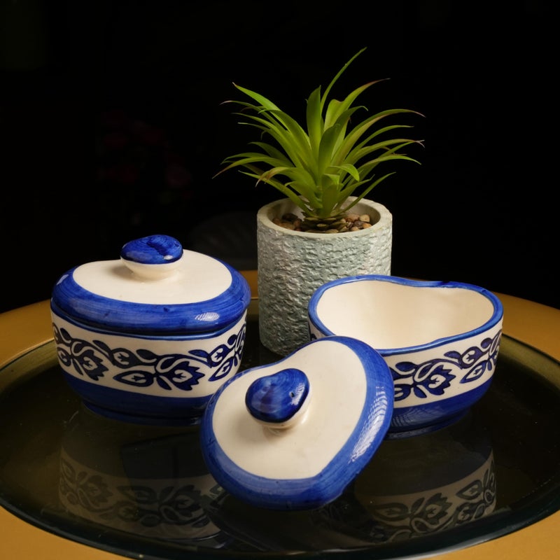 Caffeine Ceramic Handmade White & Blue Heart Shape Serving Bowl(Set of 2) - Image 1