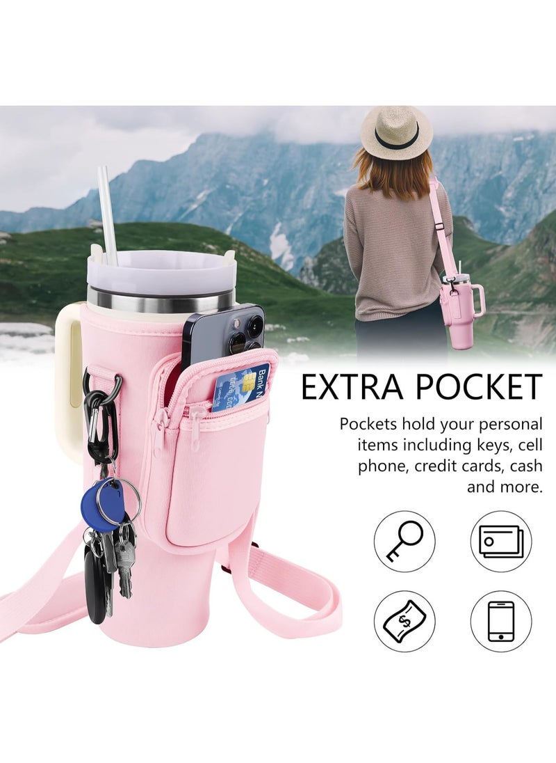 Generic Water Bottle Carrier Bag for Stanley 40oz Tumbler, Water Bottle Holder with Pouch and Adjustable Strap, Sleeve Accessories with Pocket for 40oz Cup (Pink)  - Image 2