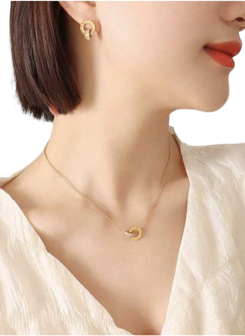 YUCCA A Pair of Ladies' Roman Stainless Steel Necklace, Decorated with Diamonds, Korean Style 4-Piece Set, With Casual Dress  - Image 1